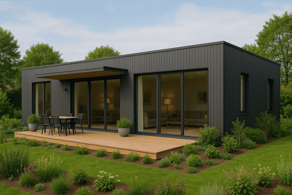 Vidutinio dydžio 100 m² modulinis namas su pilna apdaila