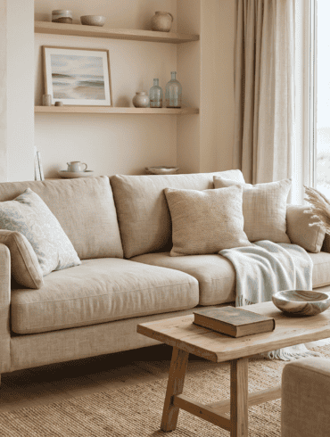 Modernus pajūrio interjeras su linine sofa, šviesia mediena, natūraliomis tekstūromis ir šiltais neutraliais tonais
