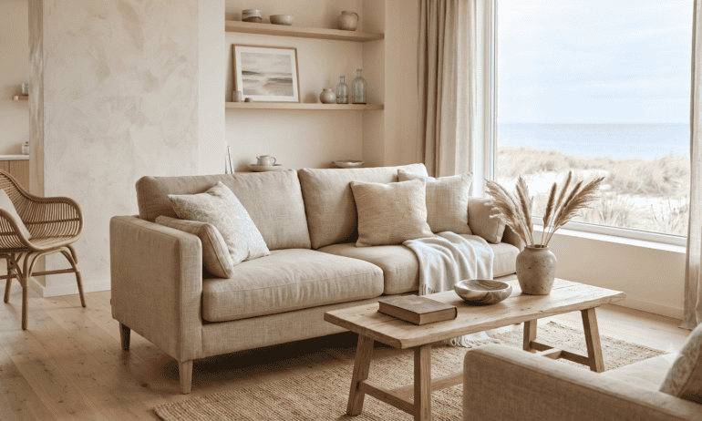 Modernus pajūrio interjeras su linine sofa, šviesia mediena, natūraliomis tekstūromis ir šiltais neutraliais tonais
