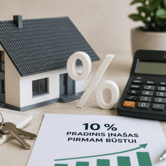 10 % pradinis įnašas pirmam būstui – namo modelis, skaičiuotuvas ir būsto paskolos simboliai