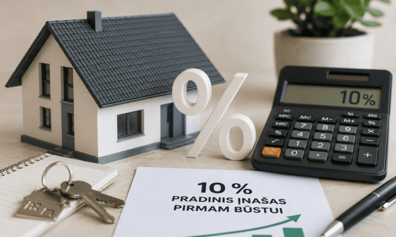 10 % pradinis įnašas pirmam būstui – namo modelis, skaičiuotuvas ir būsto paskolos simboliai