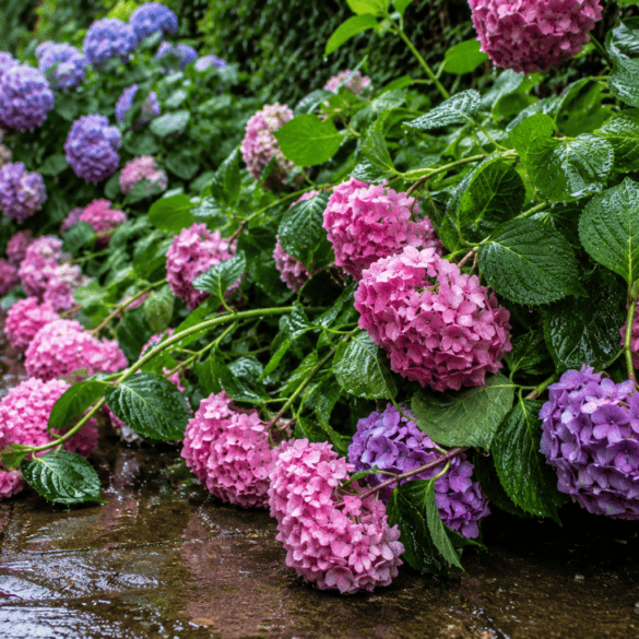 Hortenzijų žiedai po liūties nulinko iki žemės