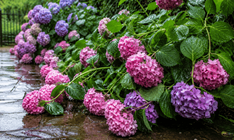 Hortenzijų žiedai po liūties nulinko iki žemės