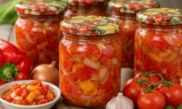 Pomidorų mišrainė žiemai su paprika ir svogūnais