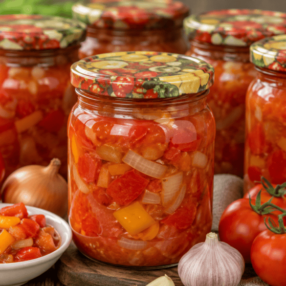 Pomidorų mišrainė žiemai su paprika ir svogūnais