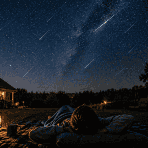 Žmogus gulėdamas kieme stebi Perseidų meteorų lietų vasaros naktį