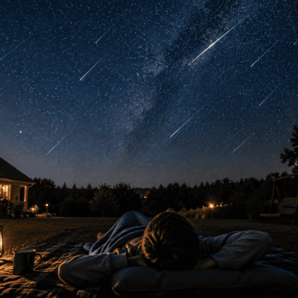 Žmogus gulėdamas kieme stebi Perseidų meteorų lietų vasaros naktį
