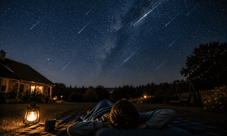 Žmogus gulėdamas kieme stebi Perseidų meteorų lietų vasaros naktį