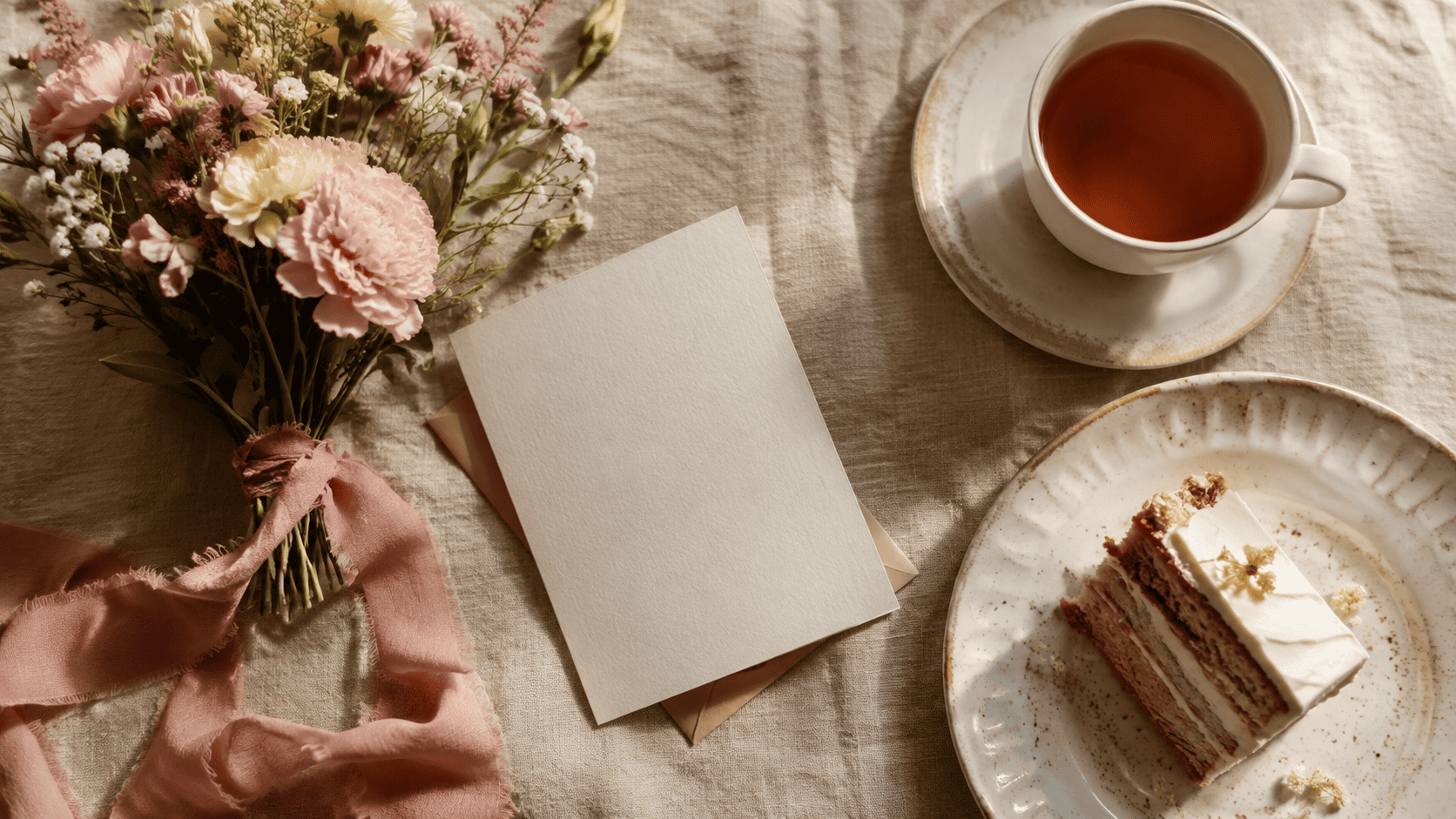 Vardadienio sveikinimai – gėlės, atvirukas ir tortas ant stalo