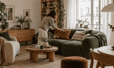 Jauki svetainė su žalia sofa, terakotos akcentais ir mediniais baldais
