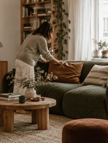 Jauki svetainė su žalia sofa, terakotos akcentais ir mediniais baldais