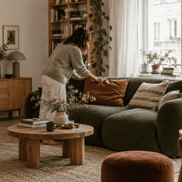 Jauki svetainė su žalia sofa, terakotos akcentais ir mediniais baldais
