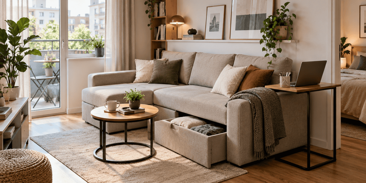 Mažas butas su transformuojama sofa svetainėje