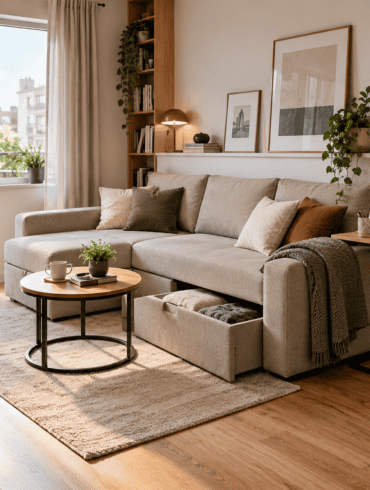 Mažas butas su transformuojama sofa svetainėje