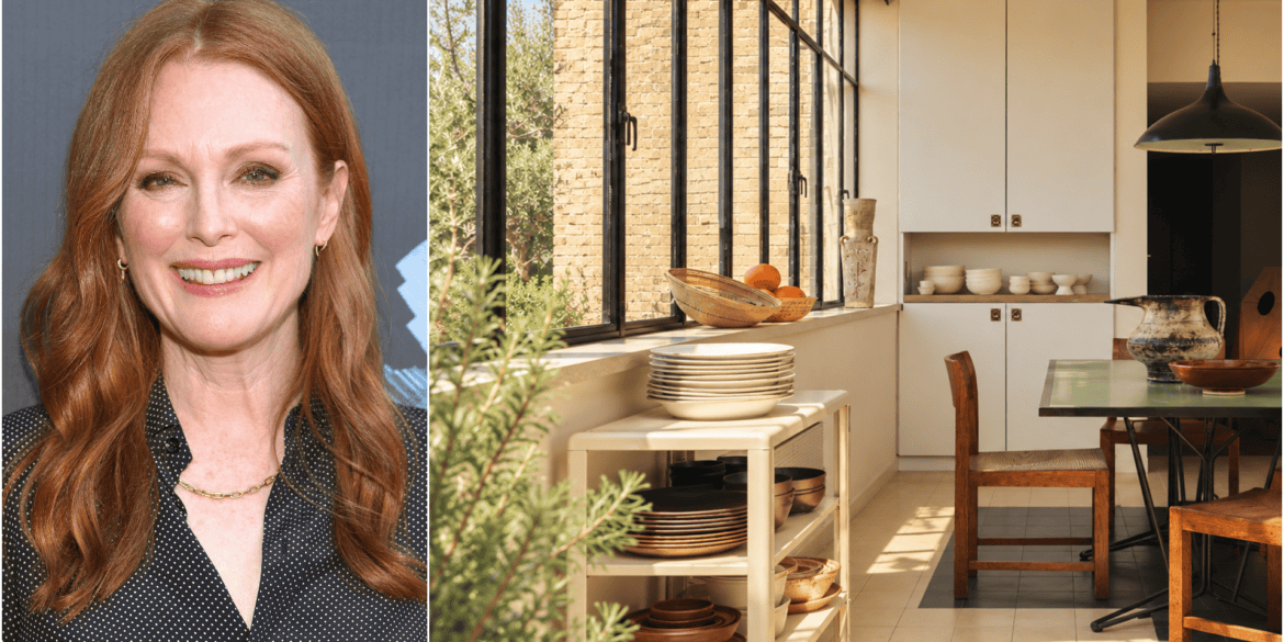 Julianne Moore namai Niujorke: virtuvė su metaline lentyna indams